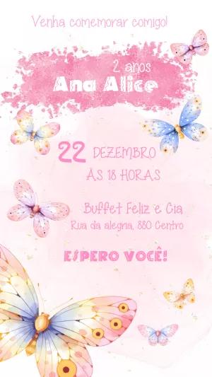 Convite de Aniversário Borboletas Aquarela para Editar