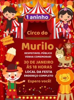 Convite Aniversário Circo com Personagens para Editar Online