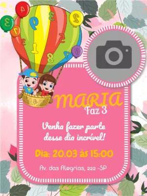 Convite de Aniversário Balão de Ar Quente com Foto Editável