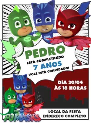 Convite de Aniversário PJ Masks com Heróis para Editar