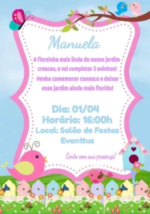Convite Aniversário Jardim Encantado com Passarinhos para Editar