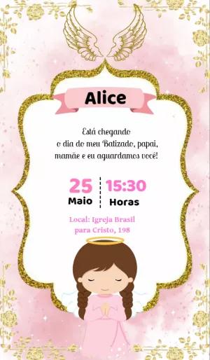 Convite de Batizado Anjinha Rosa e Dourado para Editar Online
