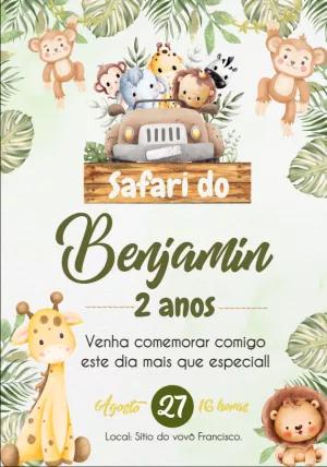 Convite Aniversário Safari com Animais Fofos para Editar