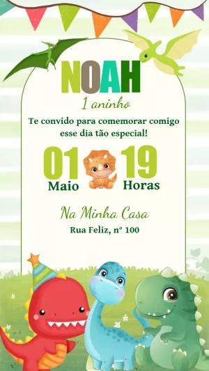 Convite Aniversário Dino Baby com Dinossauros Fofos para Editar