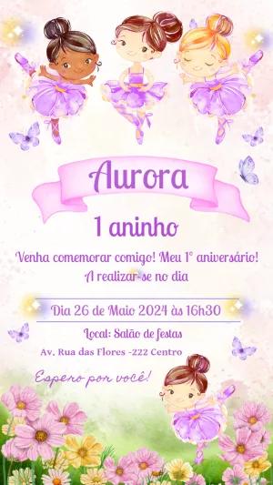 Convite Aniversário Bailarinas Fofas para Editar Online