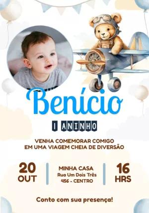 Convite Aniversário Ursinho Aviador com Foto para Editar Online