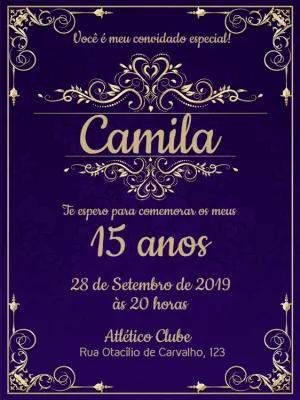 Convite 15 Anos Roxo e Dourado Elegante para Editar Online