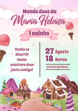 Convite Aniversário Mundo Doce para Editar Online