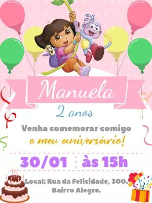 Convite Aniversário Dora Aventureira Rosa para Editar Online