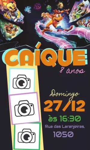 Convite Aniversário Crash Bandicoot com Foto para Editar Online