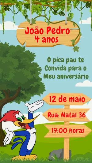 Convite de Aniversário Pica-Pau para Editar Online