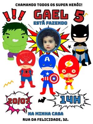 Convite de Aniversário Super Heróis com Foto para Editar Online