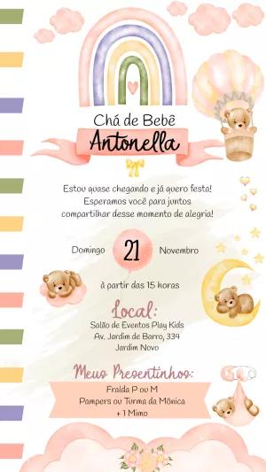 Convite Chá de Bebê Ursinha Baloeira e Arco-íris para Editar