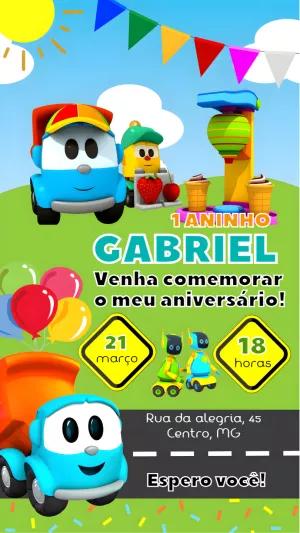 Convite de Aniversário Léo o Caminhão para Editar Online