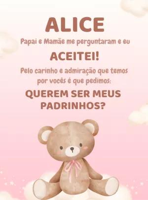 Convite para Padrinhos Ursinho Rosa para Editar Online