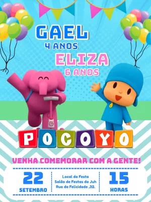 Convite Aniversário Duplo Pocoyo e Elly para Editar Online