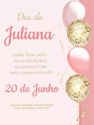 Convite de Aniversário Balões Rosa e Dourado para Editar