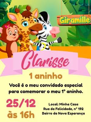 Convite Aniversário Giramille com Animais para Editar Online