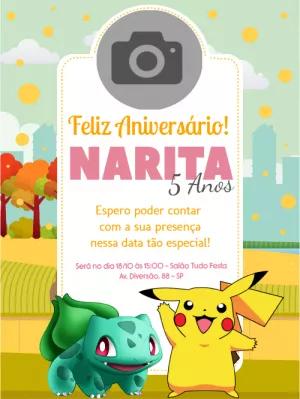 Convite Aniversário Pokémon com Foto para Editar Online