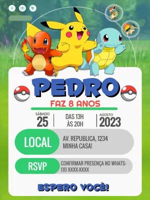 Convite de Aniversário Pokémon com Pikachu para Editar Online