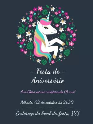 Convite de Aniversário Unicórnio Floral para Editar Online