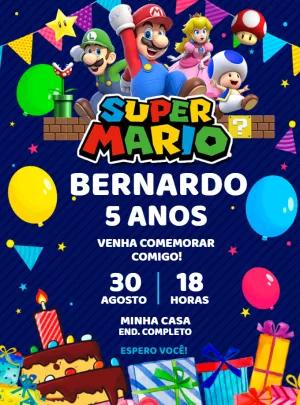 Convite de Aniversário Super Mario com Personagens para Editar Online