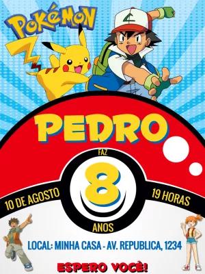 Convite Aniversário Pokémon com Ash e Pikachu para Editar Online