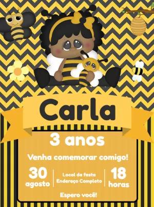 Convite Aniversário Abelhinha Menina Morena para Editar Online