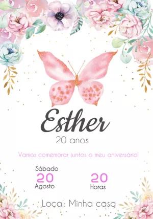 Convite de Aniversário Borboleta e Flores para Editar Online