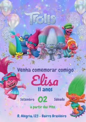 Convite Aniversário Trolls com Personagens para Editar Online