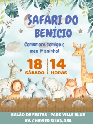 Convite Aniversário Safari com Animais Fofos para Editar Online
