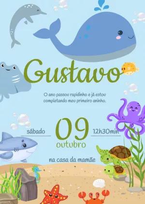 Convite Aniversário Fundo do Mar com Animais para Editar Online