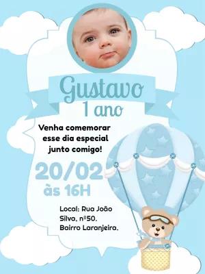 Convite Aniversário Ursinho Baloeiro com Foto para Editar Online