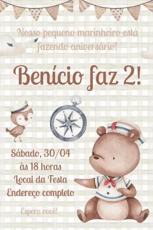Convite de Aniversário Ursinho Marinheiro para Editar Online
