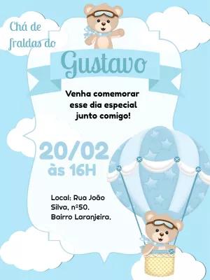 Convite Chá de Fraldas Ursinho Baloeiro para Editar Online