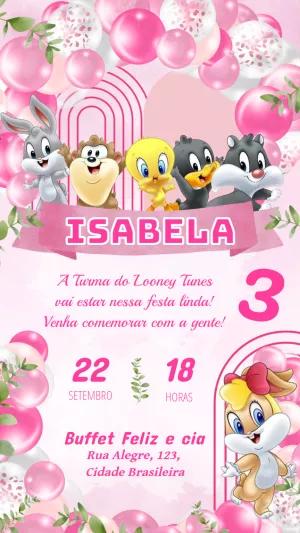 Convite Aniversário Looney Tunes Baby Rosa para Editar Online