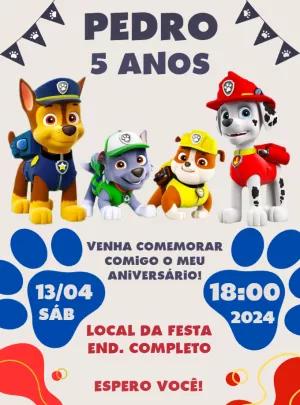 Convite de Aniversário Patrulha Canina com Personagens para Editar