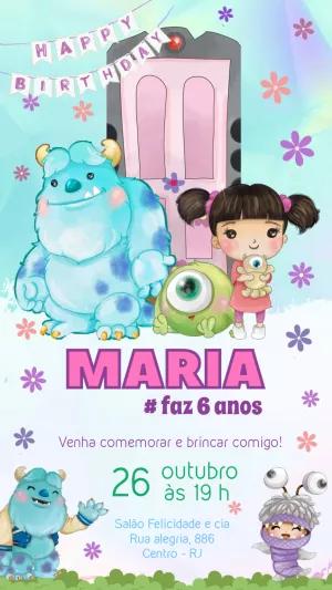 Convite Aniversário Monstros SA Cute para Editar Online