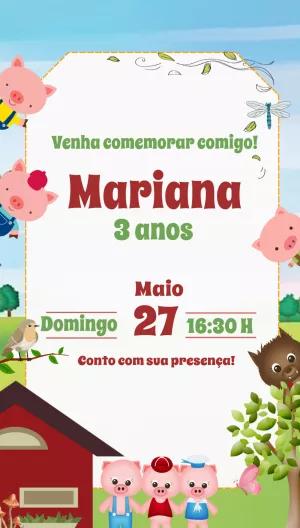 Convite de Aniversário Os Três Porquinhos para Editar Online