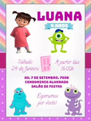 Convite Aniversário Monstros SA com Boo e Mike para Editar