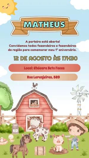 Convite Aniversário Fazendinha com Animais para Editar Online