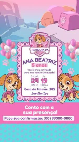 Convite de Aniversário Patrulha Canina Skye Rosa Editável