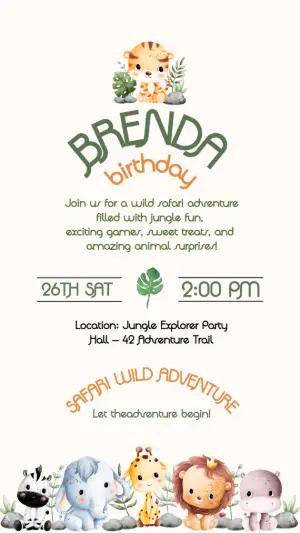 Cute Jungle Animals Birthday Invitation Template for Editing