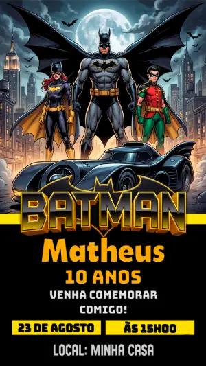 Convite de Aniversário Batman e Bat-Família em Gotham Editável