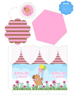Centro de Mesa Editável Aniversário Capivara Rosa e Marrom