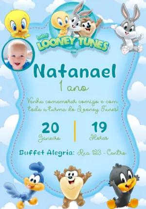 Convite Digital Infantil Baby Looney Tunes Editável com Foto