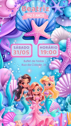 Convite de Aniversário Sereia Fundo do Mar para Editar Online