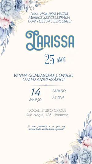 Convite Aniversário Adulto Floral Azul Delicado Editável