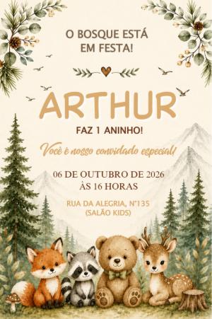 Convite Aniversário Bosque Aquarela Menino Editável Online