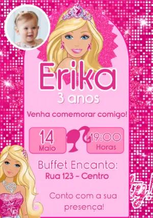 Convite de Aniversário Barbie Rosa com Foto para Editar